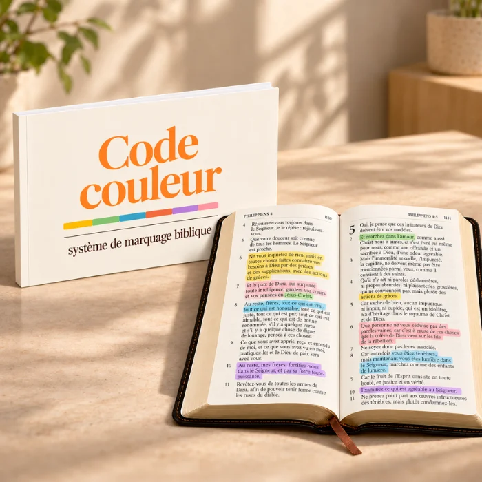 Code Couleur : méthode de surlignage biblique, à côté d’une Bible ouverte avec des versets surlignés et des surligneurs de couleur.